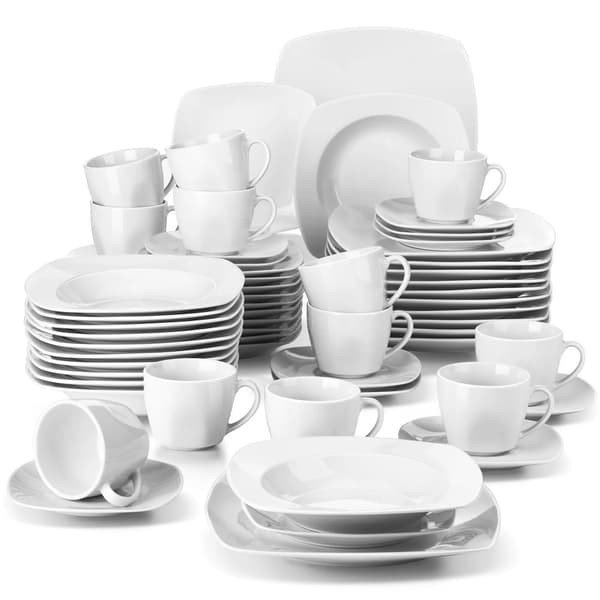 Porcelænsservise til 12 personer, minimalistisk design, holdbart og mikrobølgesikkert.,60 stk