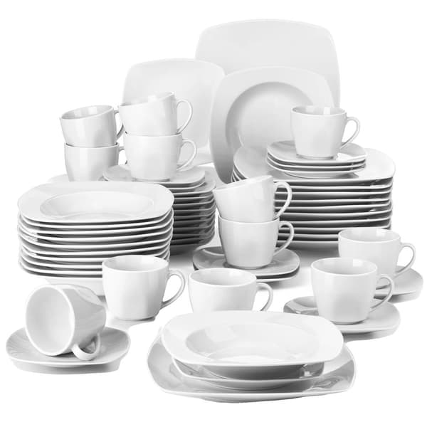 Porcelænsservise til 12 personer, minimalistisk design, holdbart og mikrobølgesikkert.,60 stk