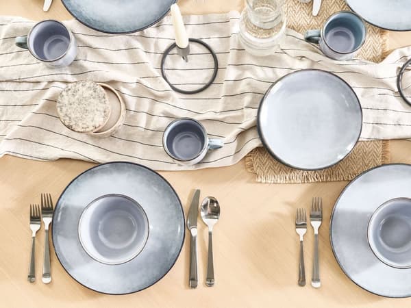 Set om 16 delar Ljusblått stengods Kaolin Handgjord Reaktiv glasyr Finish Servering för 4 personer Hammareffekt Kök Matsal