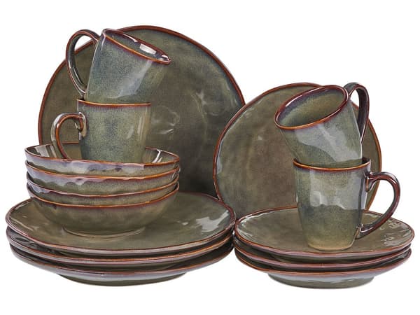 Set om 16 delar mörkgrönt stengods Kaolin Reactive Glaze Finish Servering för 4 personer Stenstruktur Kök Matsal