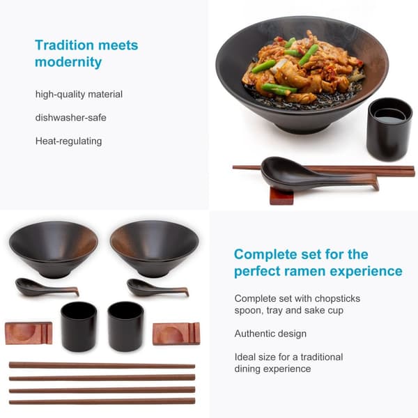 Ramenskålset i 6 delar med 1000 ml kapacitet traditionellt japanskt porslinsset med ätpinnar och sked i svart