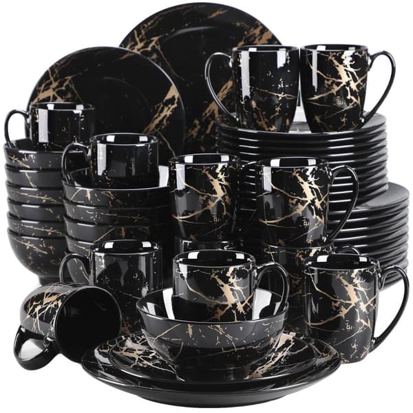 Porslinservis Set, Elegant Svart Guld Design, Passande för 4-12 Personer,48-delar 48-PIECE