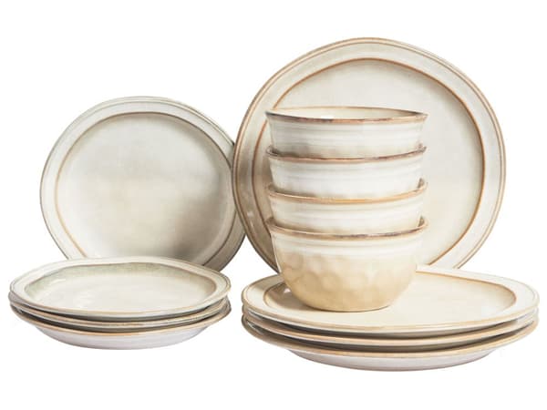 Sett med 12 Deler Lysebeige Steintøy Kaolin Håndlaget med Reaktiv Glasur Finish Service til 4 Personer Kjøkken Spisestue