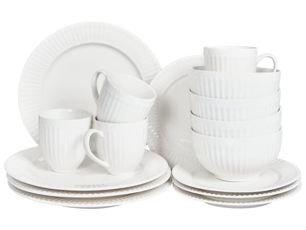 Set om 16 Delar Vitt Porslin Kaolin Handgjort Glansig Finish Service för 4 Personer Klassisk Design Kök Matsal