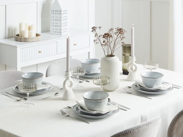 Set om 12 Delar Ljusgrått Stengods Kaolin Handgjort Reaktiv Glasyr Finish Service för 4 Personer Kök Matsal