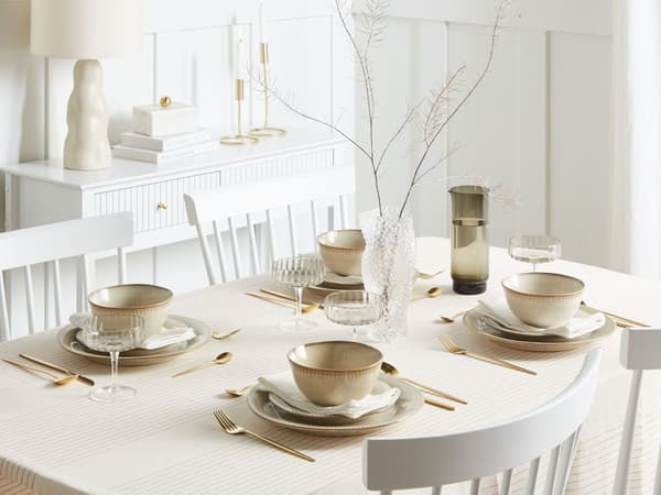 Set om 12 Delar Ljusbeige Stengods Kaolin Handgjort Reaktiv Glasyr Finish Service för 4 Personer Kök Matsal