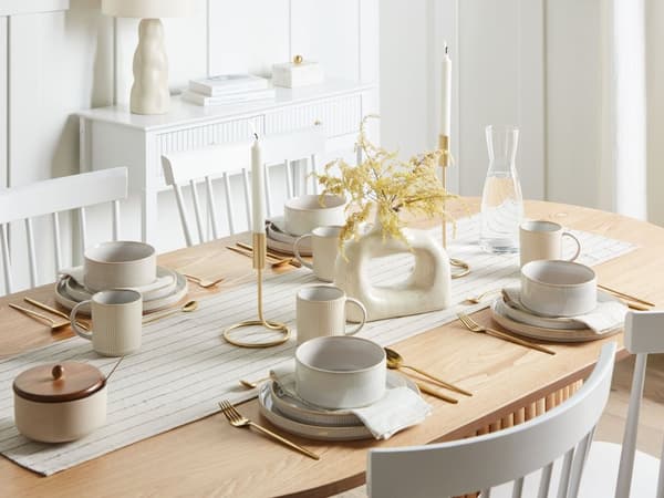 Set om 12 Delar Off-White Stengods Kaolin Handgjord Reaktiv Glasyr Finish Service för 4 Personer Kök Matsal