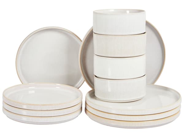 Set om 12 Delar Off-White Stengods Kaolin Handgjord Reaktiv Glasyr Finish Service för 4 Personer Kök Matsal