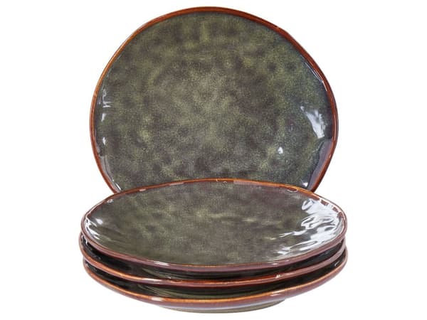 Set med 4 Assietter Mörkgrönt Stengods Kaolin Handgjord Reaktiv Glasyr Finish Dessert Tallrik Kök Matsal