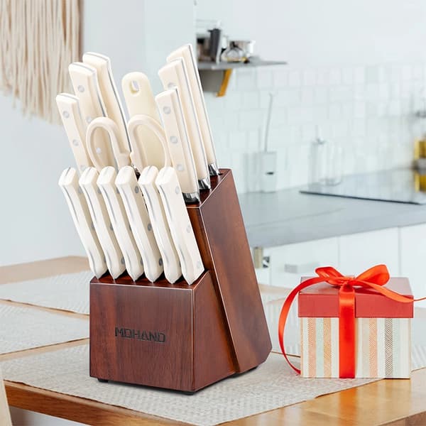 Bestick Kökkniv Blockset, 14-delar med rostfria blad, ergonomiska handtag, inbyggd vässare