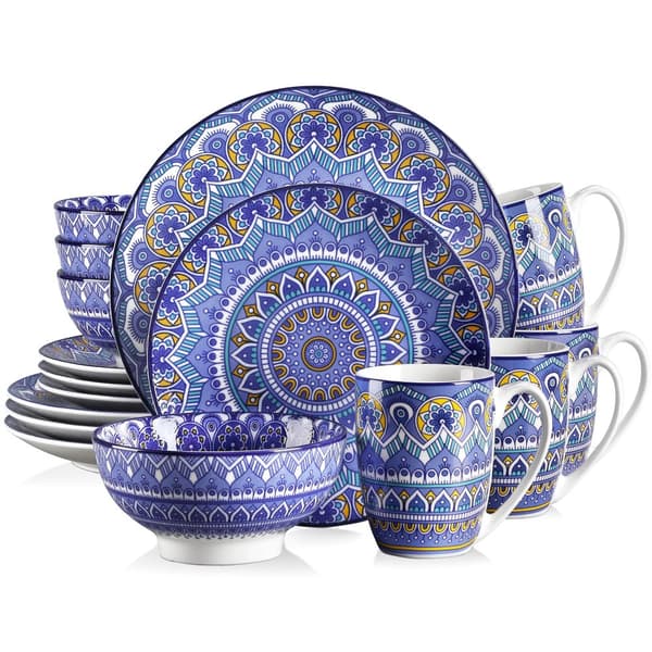 Keraaminen Astiastosetti, Boheemi Mandala-kuvio, Saatavana Sekavärisenä ja Sinisenä,16-osainen Sininen