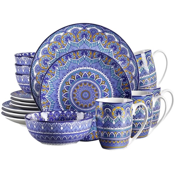 Keraaminen Astiastosetti, Boheemi Mandala-kuvio, Saatavana Sekavärisenä ja Sinisenä,16-osainen Sininen