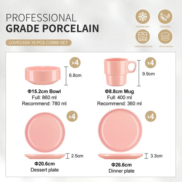 Pink porcelænsservice, miljøvenligt materiale, pladsbesparende design,16stk