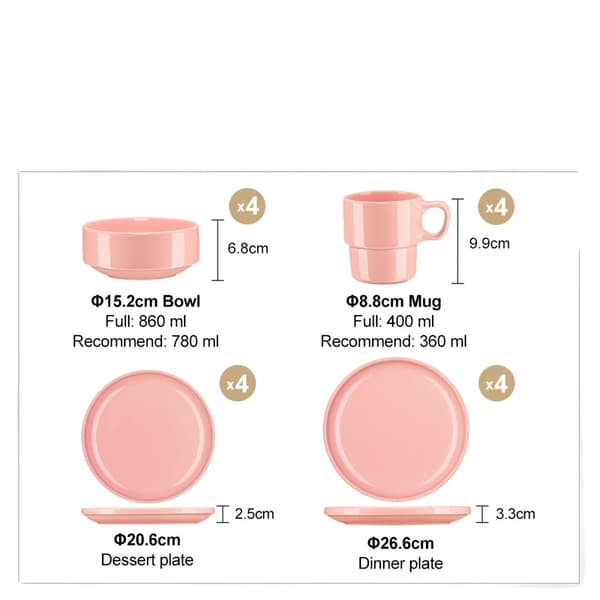 Pink porcelænsservice, miljøvenligt materiale, pladsbesparende design,16stk