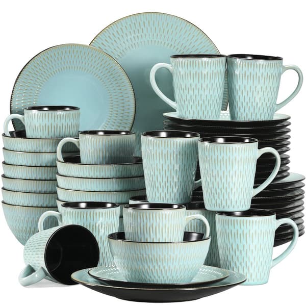Keraaminen Astiastosetti, Mikroaaltouunin ja Astianpesukoneen Kestävä, Elegantti Sadetippadesign,PLUVO Vihreä 48-Kappaletta