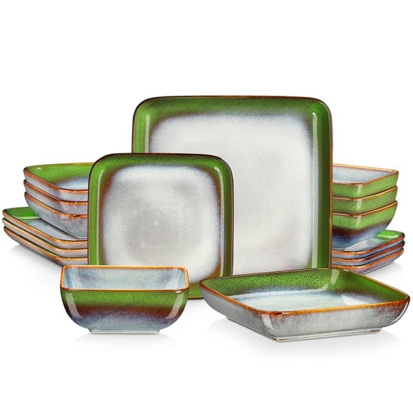 Middagsservis, Grönt Fyrkantigt Design, Keramiskt Material,BLANDAD-FÄRG-16-BITAR