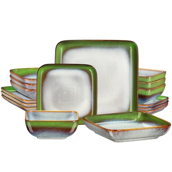 Middagsservis, Grönt Fyrkantigt Design, Keramiskt Material,BLANDAD-FÄRG-16-BITAR