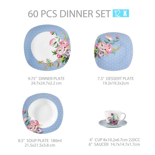 Porcelänservis, Elegant Blommönster, Hållbar Konstruktion,60-BITAR