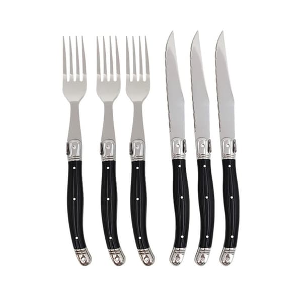 Edelstahl steakmesser och gaffel, sexdels set, plasthandtag, västern bestick, ideal för picknick och hem