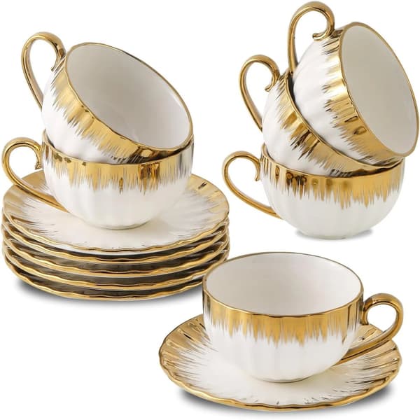 Porcelæns tekrus sæt, opvaskemaskine sikkert, elegant bladdesign,Sæt af 6