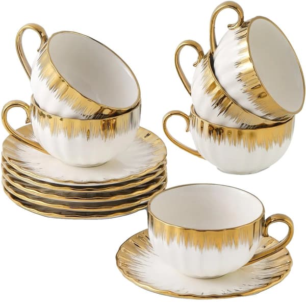 Porcelæns tekrus sæt, opvaskemaskine sikkert, elegant bladdesign,Sæt af 6