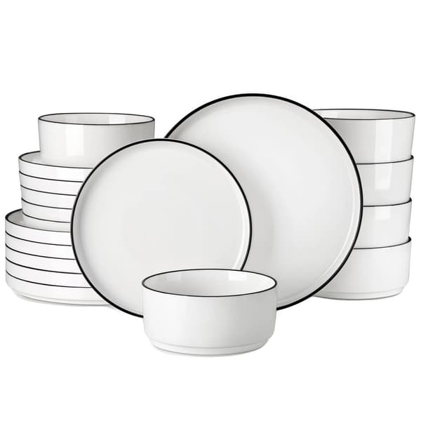 MALACASA Middagsservice, Elegant Rund Form, Blyfri Keramik,Sort Kant, 24 STK