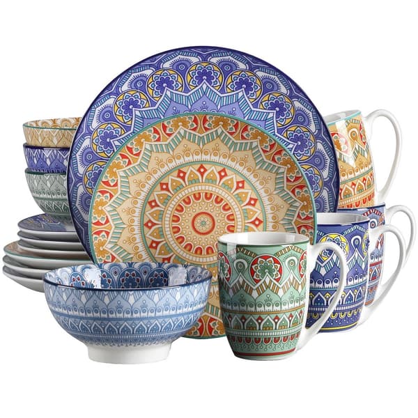 Keramisk Middagsservis, Bohemisk Mandala Mönster, Finns i Blandade Färger och Blå,16-delad blandning-färg