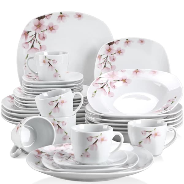 60-delars porslinsservis, rosa blommig, mikrovågsugn och diskmaskinssäker,30-BITAR