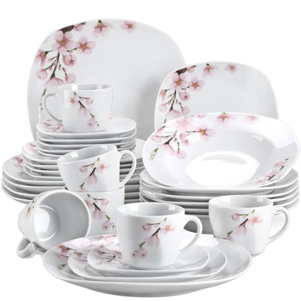 60-delars porslinsservis, rosa blommig, mikrovågsugn och diskmaskinssäker,30-BITAR