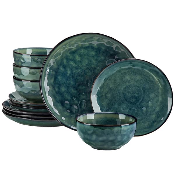 Gröna Keramiska Tallrikar Set, Servis, Elegant Design,12 Bit