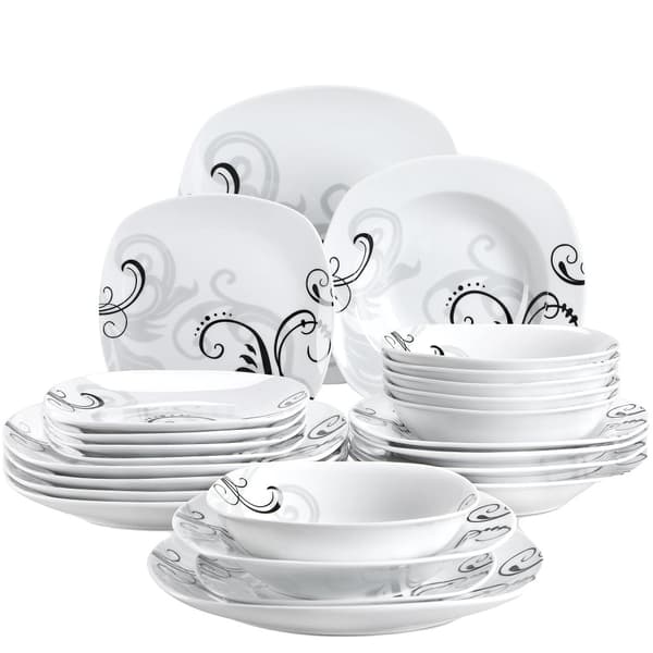 Porcelænsservice, Blomsterdesign, Firkantet Form,24-DELE