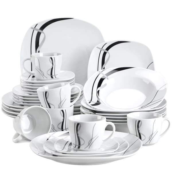 Porcelænsservice, Elegant Design med Sorte Linjer, Miljøvenligt Materiale,30-DELE