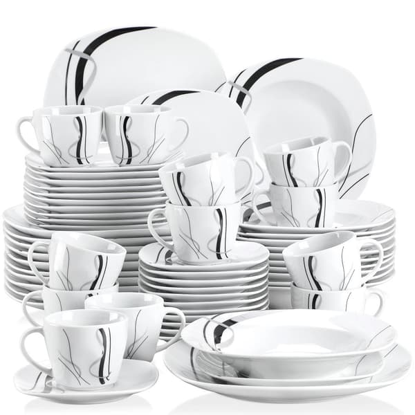Porcelænsservice, Elegant Design med Sorte Linjer, Miljøvenligt Materiale,60-DELE