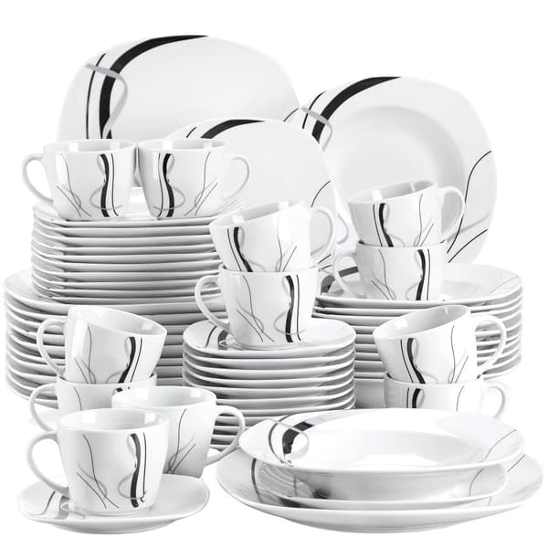 Porcelænsservice, Elegant Design med Sorte Linjer, Miljøvenligt Materiale,60-DELE