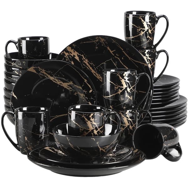 Porslinservis Set, Elegant Svart Guld Design, Passande för 4-12 Personer,32-delad