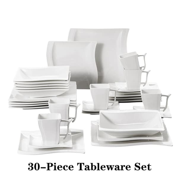Porcelænsservise, minimalistisk design, sikkert til ovn og mikroovn, perfekt til 12 personer,30-delt
