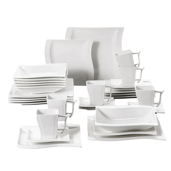 Porcelænsservise, minimalistisk design, sikkert til ovn og mikroovn, perfekt til 12 personer,30-delt