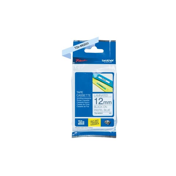 Brother TZeMQ531 - Sort på pastelblå - Rulle (1,2 cm x 7,99 m) 1 rulle(r) lamineret tape - til P-Touch PT-3600, D210, D400, D450, D600, H105, H110, P9
