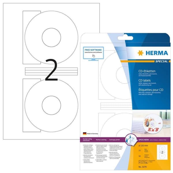 Private label Herma 5079 CD/DVD Etikett 116mm Vit - 50 etiketter