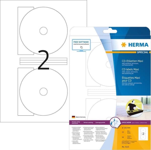Herma 5115 CD/DVD Label 116mm Hvid - 50 etiketter