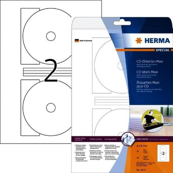 Herma 5115 CD/DVD Label 116mm Hvid - 50 etiketter