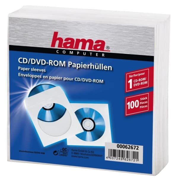 Hama CD/DVD Beskyttelsessleeves Papir Hvid 100 Stk