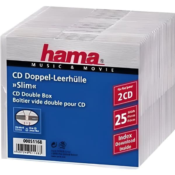 Tunt fodral för 2 CD-skivor - HAMA - 51168 - Transparent - Paket med 25