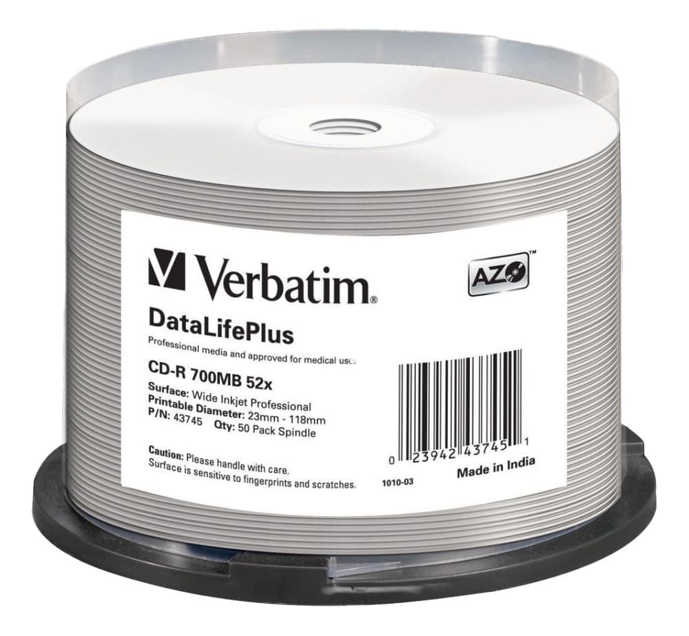 CD-R AZO 700MB 52X DL+ WHITE WIDE PRINTABLE SURFACE NON-ID