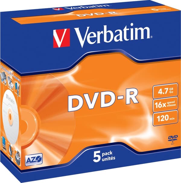 DVD-R, 16x, 4.7 GB/120 min, 5-pack jewel case, AZO