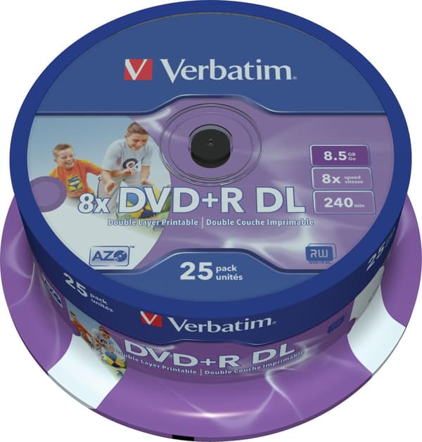 DVD+R DL, 8x, 8.5 GB/240min, 25-pack spindel, AZO, printable