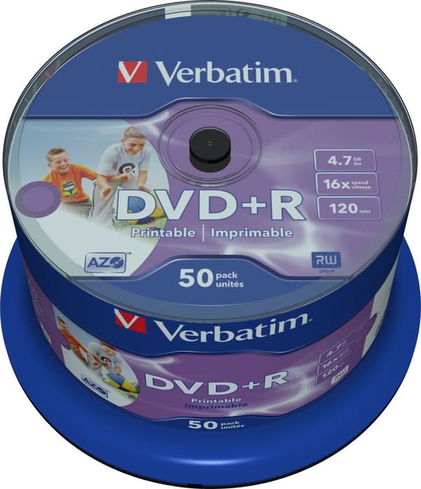 DVD+R, 16x, 4.7 GB/120 min, 50-pack spindel, AZO, printable