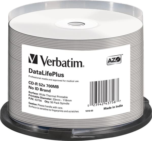 CD-R 52x700MB/80min 50-pack Wide Thermal Printable 23-118mm