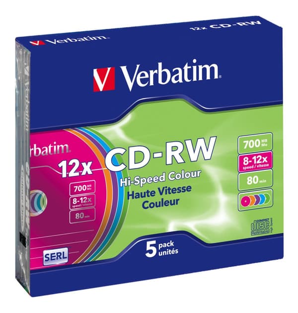 CD-RW, 12x, 700 MB / 80 min, 5-pack slim case, SERL, colored
