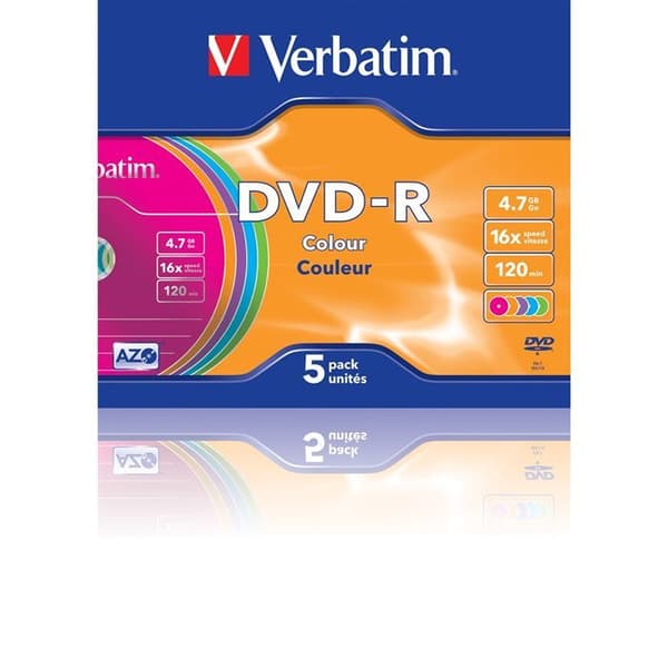 Verbatim DVD-R 16x - Paket med 5 - Tunt fodral - 4,7 GB - Färg